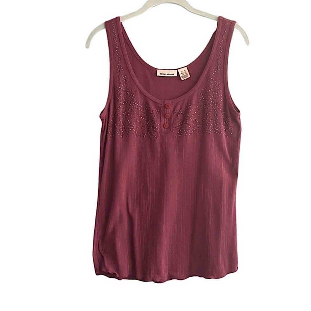 DKNY 100% Cotton Ribbed Tank Top Stud Details Scoop Neck Maroon Red Tan Size XL